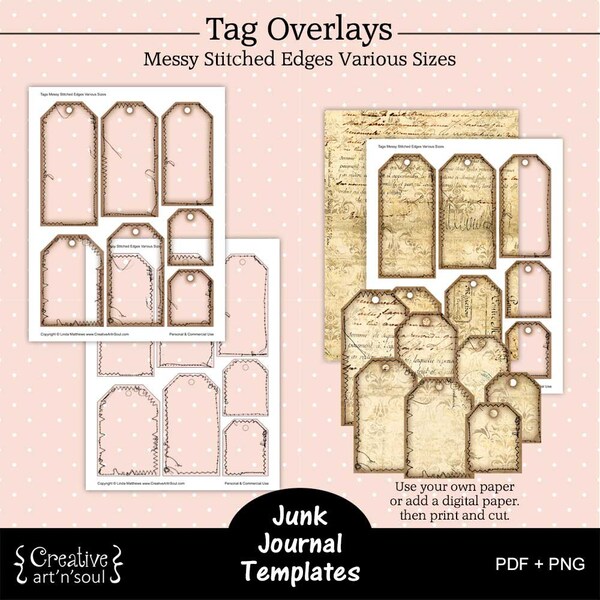 Printable Junk Journal Template,  Junk Journal Tag Overlays with Messy Stitched Edges Various Sizes