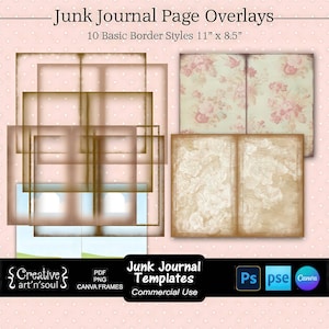 Junk Journal Templates,  Junk Journal Basic Page Borders 11" x 8.5", Templates for Photoshop and Canva