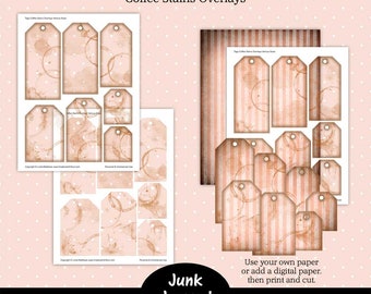 Printable Junk Journal Template,  Junk Journal Tag Overlays Various Sizes, Coffee Stains Overlay