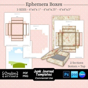 Junk Journal Templates, Printable Ephemera Boxes 4" x 4", Templates for Canva and Photoshop