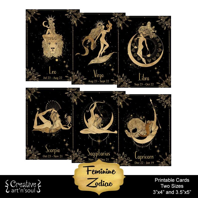 Feminine Zodiac Printable Cards Two Sizes 3x4 Etsy
