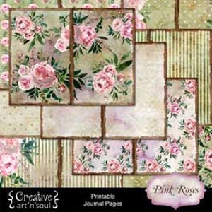 Printable Junk Journal Pages, Collage Papers, Pink Roses