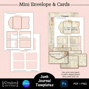 Junk Journal-envelop en kaartsjablonen, afdrukbare Junk Journal-minienvelop en -kaarten, sjablonen voor Canva en Photoshop