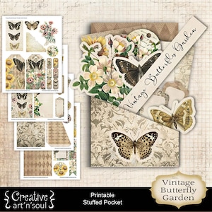 Printable Junk Journal Stuffed Pockets Vintage Butterfly Garden, Printable Ephemera, Printable Butterfly Fussycuts, Digital Download