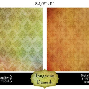 Printable Paper, Distressed Paper, Tangerine Damask image 2