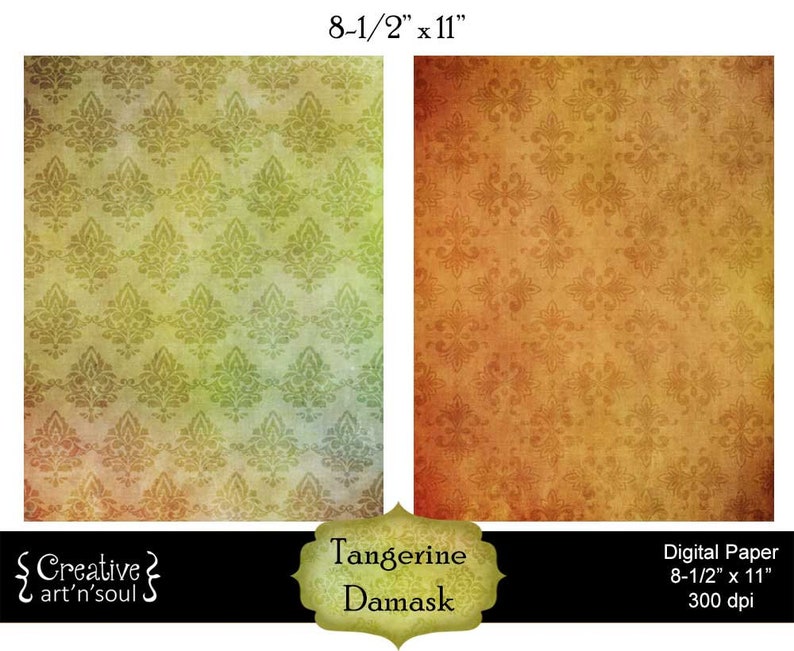 Printable Paper, Distressed Paper, Tangerine Damask image 2