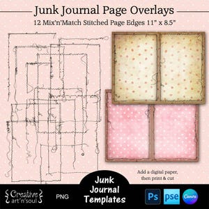 Printable Junk Journal Page Templates,  Junk Journal Overlays, Stitched Page Edges 11" x 8.5", Templates for Canva and Photoshop