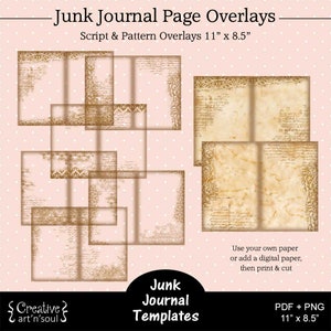 Printable Junk Journal Template,  Junk Journal Page Overlays, Script and Pattern Page Overlays, 11" x 8.5"