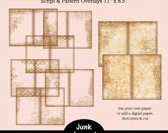 Printable Junk Journal Template,  Junk Journal Page Overlays, Script and Pattern Page Overlays, 11" x 8.5"