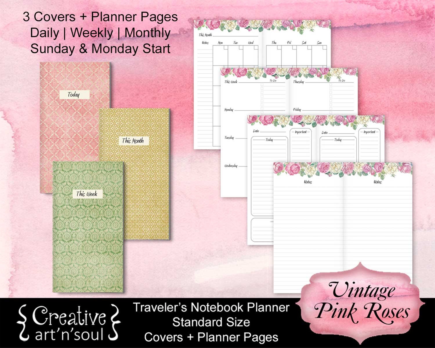 Printable Travelers Notebook Planner Inserts Vintage Pink - Etsy