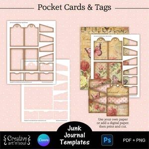 Sjabloon Junk Journal Pocket Cards en Tags, afdrukbare Pocket Cards en Tags, Junk Journal Ephemera, sjablonen voor Canva en Photoshop