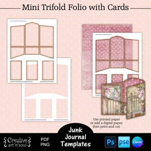 Printable Junk Journal Folio Templates, Mini Trifold Folio with Cards, Junk Journal Embellishments, Templates for Canva and Photoshop