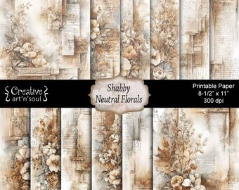 Printable Junk Journal Papers Shabby Neutral Florals 8.5" x 11", Printable Junk Journal Pages, Neutral Junk Journal Pages, Digital Download