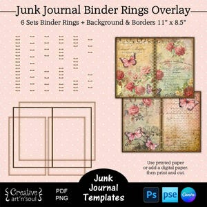 Printable Junk Journal Page Templates, Junk Journal Overlays, Binder Rings Page Overlays 11&quot;x8.5&quot;, Templates for Canva and Photoshop