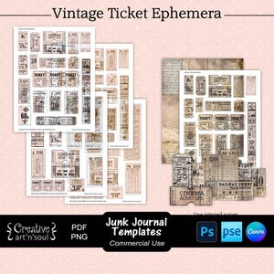 Könnte beinhalten: Vintage Ticket Ephemera Vorlagen mit verschiedenen Designs, darunter Kino-, Eisenbahn- und Eintrittskarten. Die Vorlagen sind im PDF- und PNG-Format mit dem Text "Junk Journal Templates Commercial Use".