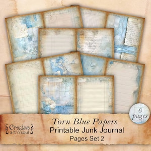 Printable Junk Journal Pages Set 2 Torn Blue Papers, Printable Pages, Digital Download