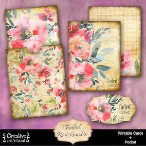 Printable Cards and Pocket Faded Rose Garden, ATC Cards, Junk Journal Cards and Pocket, Printable Ephemera, Digital Download