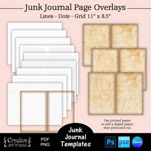 Modelli di pagine a righe stampabili per Junk Journal, sovrapposizioni di pagine Junk Journal 11"x8,5", linee - punti - griglia, modelli per Canva e Photoshop