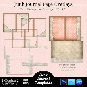 Printable Junk Journal Page Templates,  Junk Journal Torn Newspaper Page Overlays 11&quot; x 8.5&quot;, Templates for Canva and Photoshop