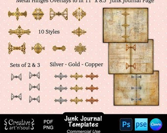 Junk Journal Templates, Metal Hinge Page Overlays 11"x8.5", Templates for Canva and Photoshop
