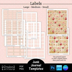 Druckbare Junk Journal Etiketten Vorlagen, druckbare rechteckige Etiketten, Junk Journal Ephemera, Vorlagen für Canva und Photoshop