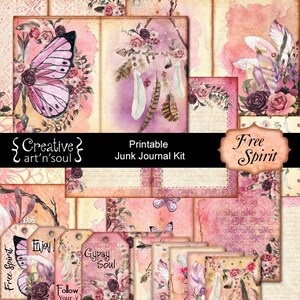 Free Spirit Printable Junk Journal Kit, 30 Page Bundle, Printable Junk Journal Pages Cards Tags Ephemera, Digital Download