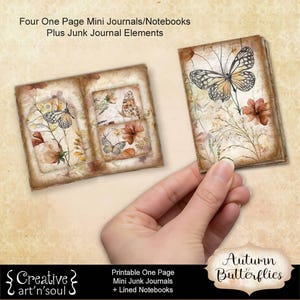 以下が含まれることがあります： 秋の蝶のデザインが施された、印刷可能なミニジャーナルが4冊。各ジャーナルは、異なる蝶と花の模様の表紙になっています。画像の右下隅には「秋の蝶」というテキストが印刷されています。