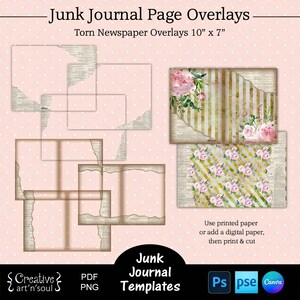 Junk Journal Page Templates, Torn Newspaper Page Overlays 10&quot; x 7&quot;, Templates for Canva and Photoshop