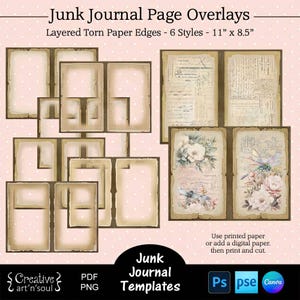 Junk Journal Page Templates, Junk Journal Overlays, Page Borders with Layered Torn Paper Edges 11&quot; x 8.5&quot;, Templates for Canva and Photoshop