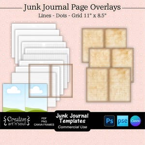 Junk Journal Templates,  Junk Journal Page Overlays 11"x8.5", Lines - Dots - Grid, Templates for Photoshop or Canva