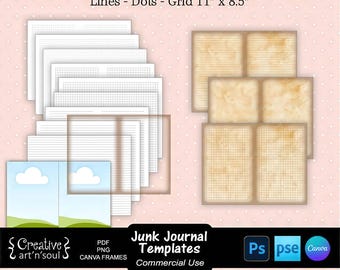 Junk Journal Templates,  Junk Journal Page Overlays 11"x8.5", Lines - Dots - Grid, Templates for Photoshop or Canva