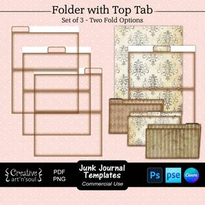 Puede incluir: Plantillas de junk journal con diseño de pestaña superior. La imagen muestra tres carpetas transparentes y opciones de papel estampado. El texto dice "Folder with Top Tab" y "Junk Journal Templates".