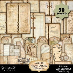 Printable Tall and Skinny Junk Journal Kit, Neutral Vintage Pages Papers Ephemera, Digital Download