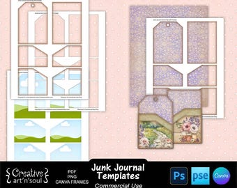 Sjablonen voor Junk Journal, printbare kaarten, labels en vakjes, sjablonen voor Photoshop en Canva