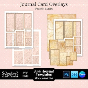 Junk Journal Templates, Printable Journal Cards with French Script Overlays, Templates for Photoshop or Canva