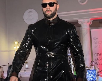 Trench-coat en vinyle noir Homme | Manteau Matrix Neo | Manteau long en vinyle | Trench en PVC lustré | Manteau long | Plumeau en vinyle foncé