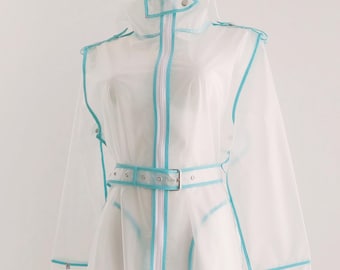 Imperméable en vinyle transparent Femme | Trench-coat semi-transparent | Veste de pluie en PVC avec ceinture | Manteau classique | Manteau de pluie Festival | Manteau léger