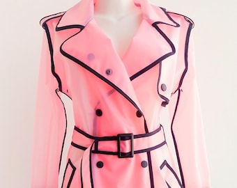 Trench-coat rose classique croisé avec bordures contrastantes noires, imperméable court en PVC, mini-trench-coat, magnifique blazer pour femme