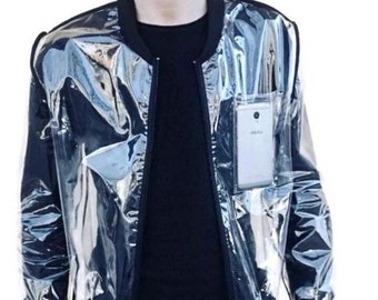Men's Transparent TPU Bomber Jacket: Clear Plastic Jacket