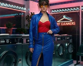 Ensemble classique translucide pour femme - blouson aviateur et jupe mi-longue, vêtements de fête uniques en vinyle, ensemble deux pièces avant-gardiste pour femme