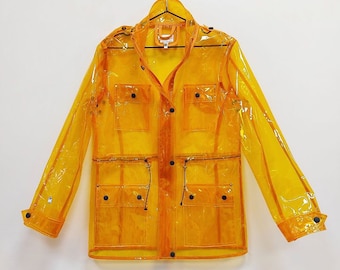 Sport Colored Transparent Vinyl Rain Jacket. Hoodie Gorgeous Raincoat! Protect jacket. Wind resistant clothing. Unique and bright design.