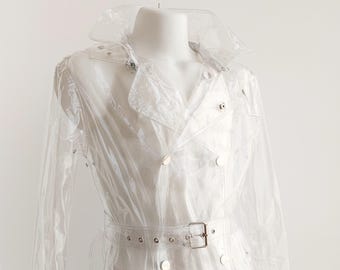 Commande personnalisée ! Imperméable classique transparent pour homme en TPU avec capuche amovible, veste imperméable avant-gardiste, pièce de mode unique.