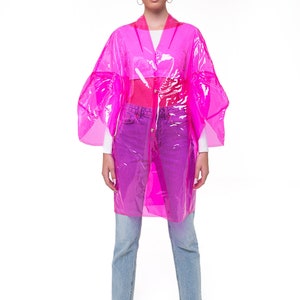 Hot Pink Vinyl Trench Coat: Oversized Tulip Sleeve Rainwear