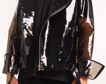 Blouson de motard en vinyle fumé transparent – Manteau de moto imperméable avant-gardiste, streetwear futuriste