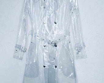 Clear Men’s  Transparent Vinyl Trench Rain Coat with removable hood and face mask!