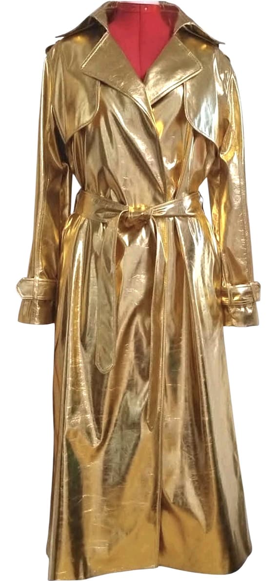 Women's Gold Metallic Trench Coat - Long Glossy Rain Jacket with Belt, Avant-Garde Statement Outerwear Women's Gold Metallic Trench Coat - Long Glossy Rain Jacket with Belt, Avant-Garde Statement Outerwear