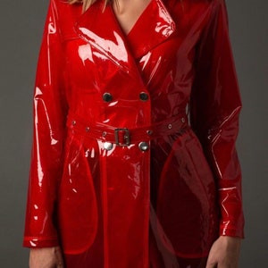 Red woman transparent Vinyl Trench Raincoat. Gorgeous Raincoat!
