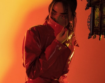 Red Vegan Leather Trench Coat: Waterproof Belted Raincoat