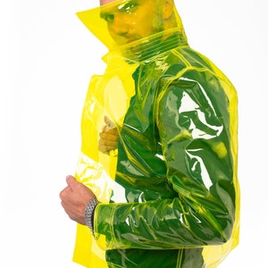 Men’s Transparent Colored vinyl Jacket. Waterproof and wind resistant!