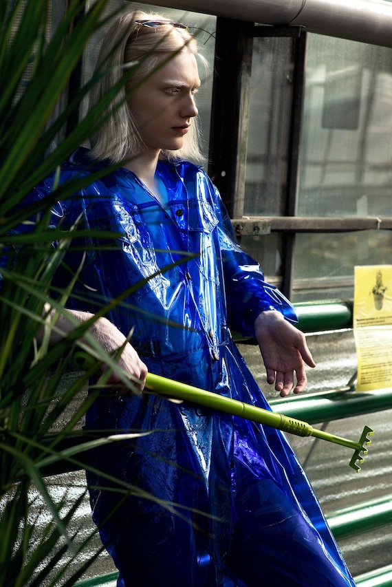 Blue Transparent Vinyl Romper — Designer Rainwear, Streetwear Statement, Festival Bodysuit